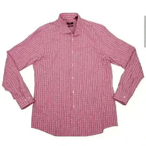 Men's Hugo Boss Button Front Pink Plaid Shirt Sz 43/17 Egyptian Cotton Slim Fit